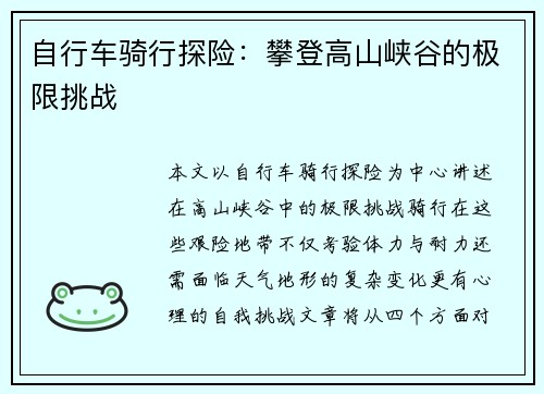 自行车骑行探险：攀登高山峡谷的极限挑战